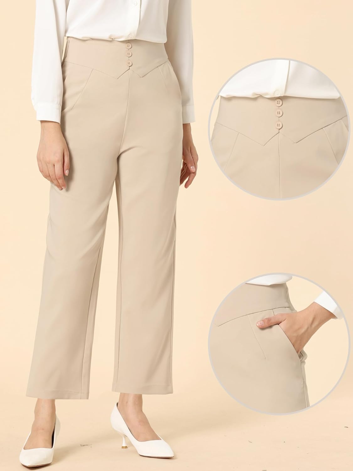 Allegra K Elegant Business Pants for Women's Elastic Waist Button Decor Straight Leg Work Trousers