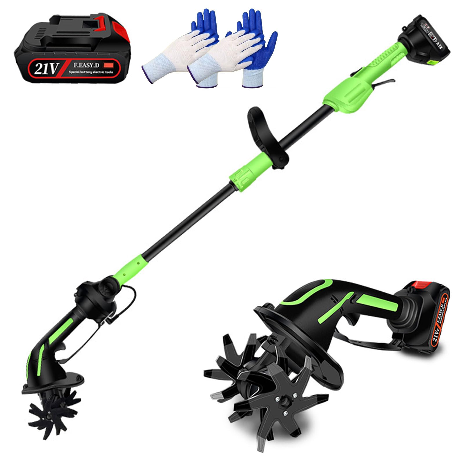Cultivador Eléctrico 21V Inalámbrico con Mango Extensible 1,3m y Profundidad 10cm, Rotavator Ligero de Jardín para Labranza Eficiente y Control Fácil