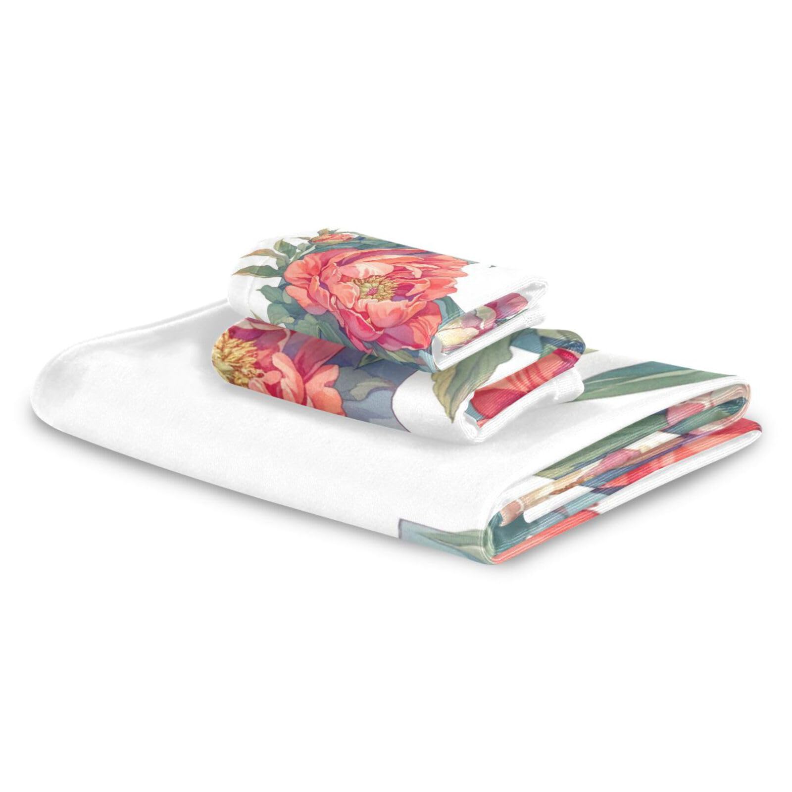 Floralmorphic - Set di 3 asciugamani per la pulizia del viso con lettera P e peonia rossa, stile acquerello, 1 asciugamano da bagno, 1 asciugamano per viso, corpo e bagno