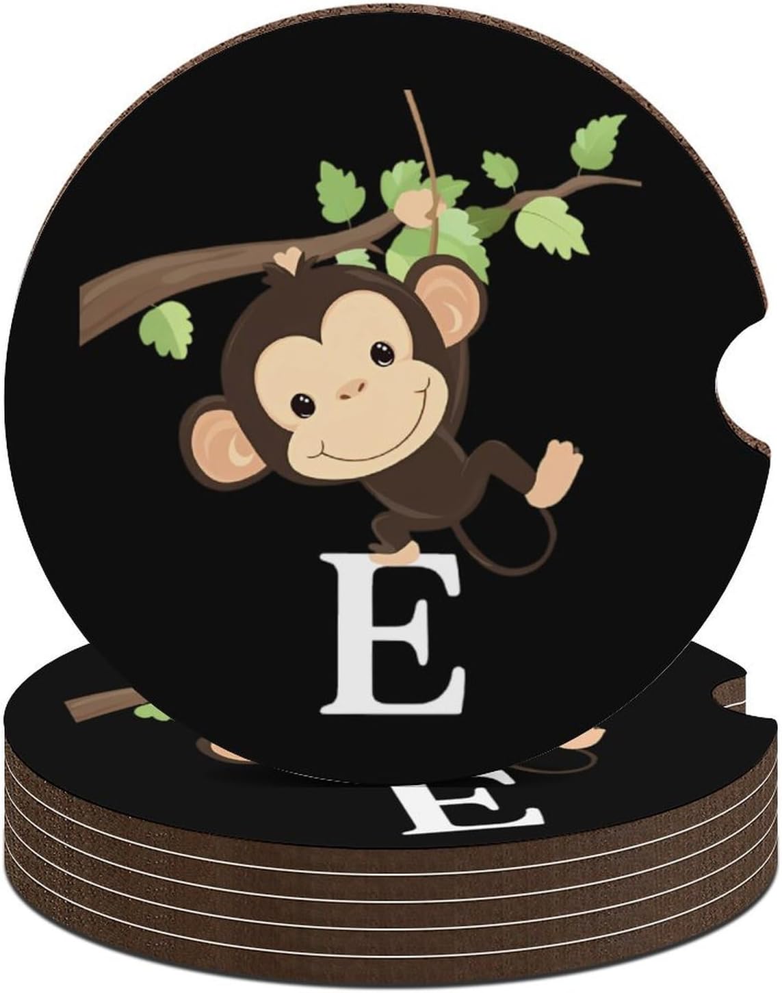 Cute Monkey and Letter E Cute Car Coasters 2.56 Inch Absorbent Cup Holder for Drinks Auto Interior Accessories