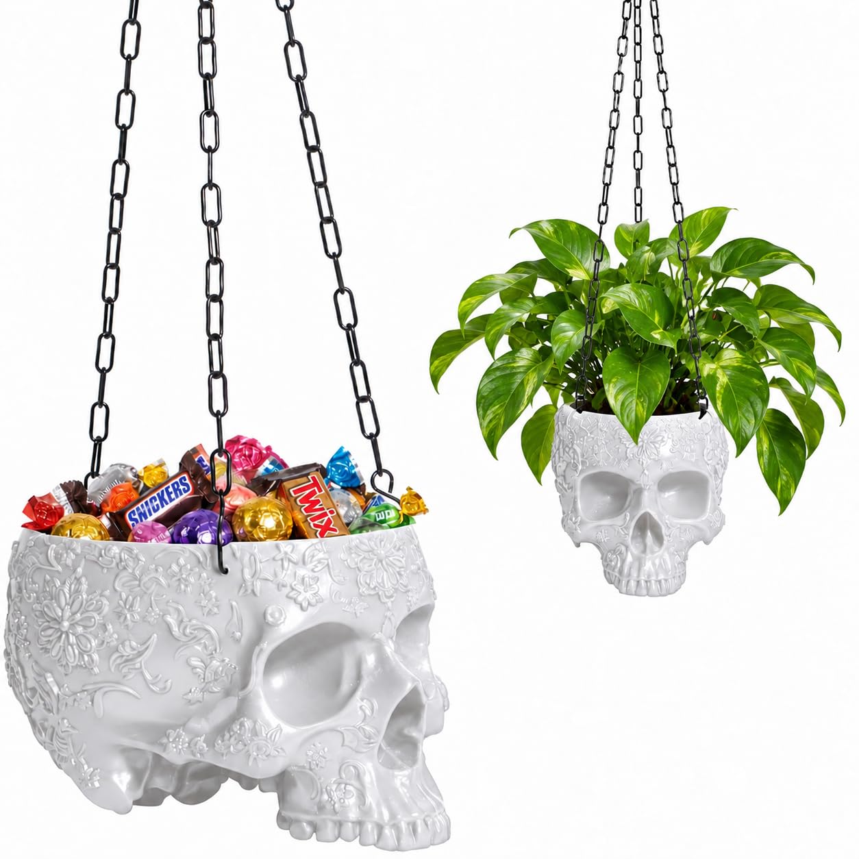 Hängender Totenkopf-Pflanztopf mit Kette und Haken, Gothic-Skelett, Süßigkeitenschale, Süßigkeiten-Eimer, gruseliger Totenkopf-Blumentopf, gruseliger Horror, Heimdekoration, für Innen- und