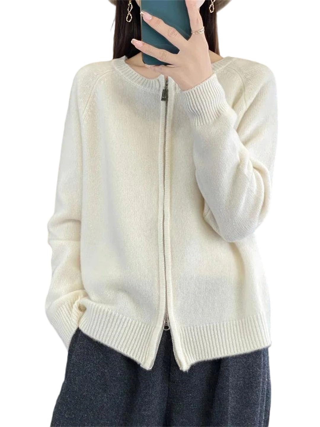 Womens O-Neck Spring Fall Zippers Sweater Cardigan Merino Wool Comfortable Leisure Coat