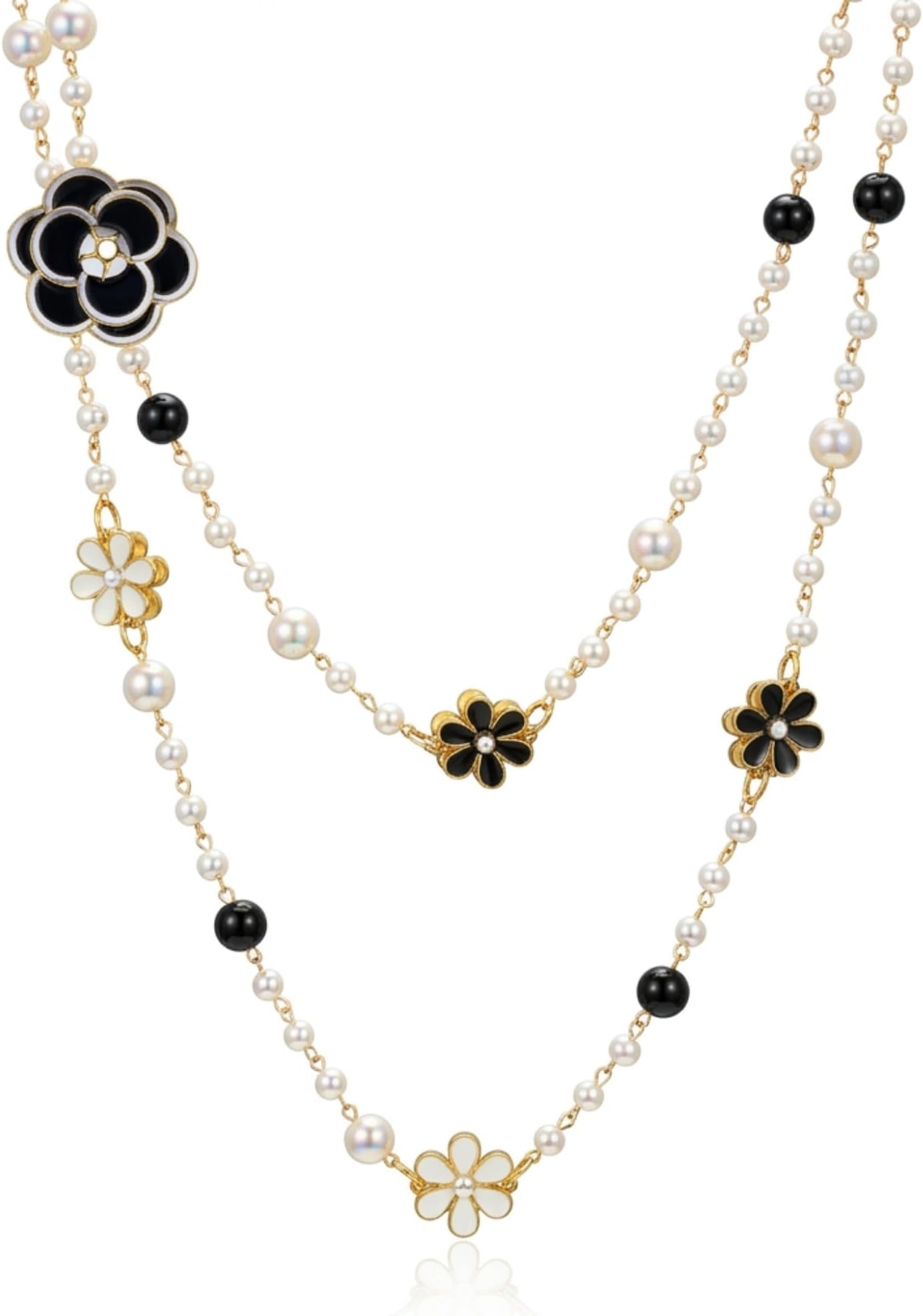 8MM Round Simulated Shell Pearl Strand Layered Necklace for Women, Dainty Multiple Strands Long Necklace for Party, Vintage Costume Jewelry