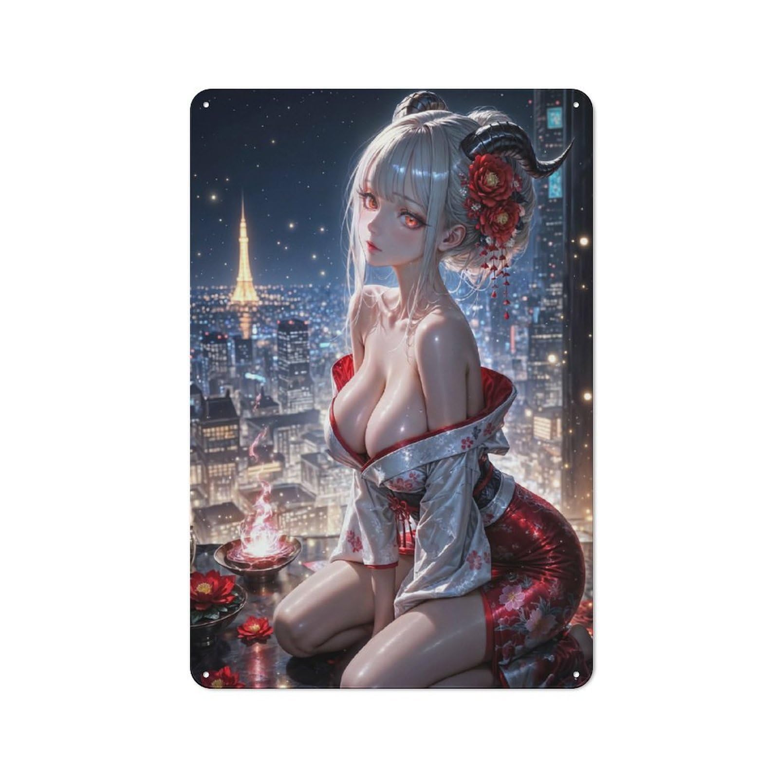 Junmoney Girls Style-23 Tin Wall Plaque 30X20cm With Anime In Kimono For Pub Or Café, For Hospitality Wall Decor Collectors
