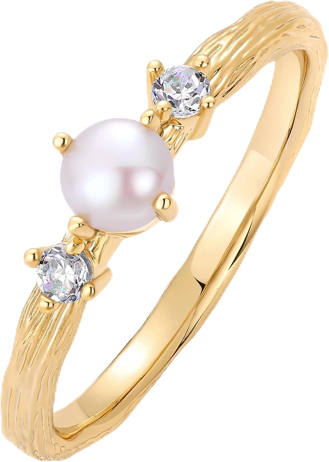 PAVOI 14K Gold Plated Pearl Hammered Ring for Women | Dainty Elegant Stackable Cubic Zirconia Thin Band for Women