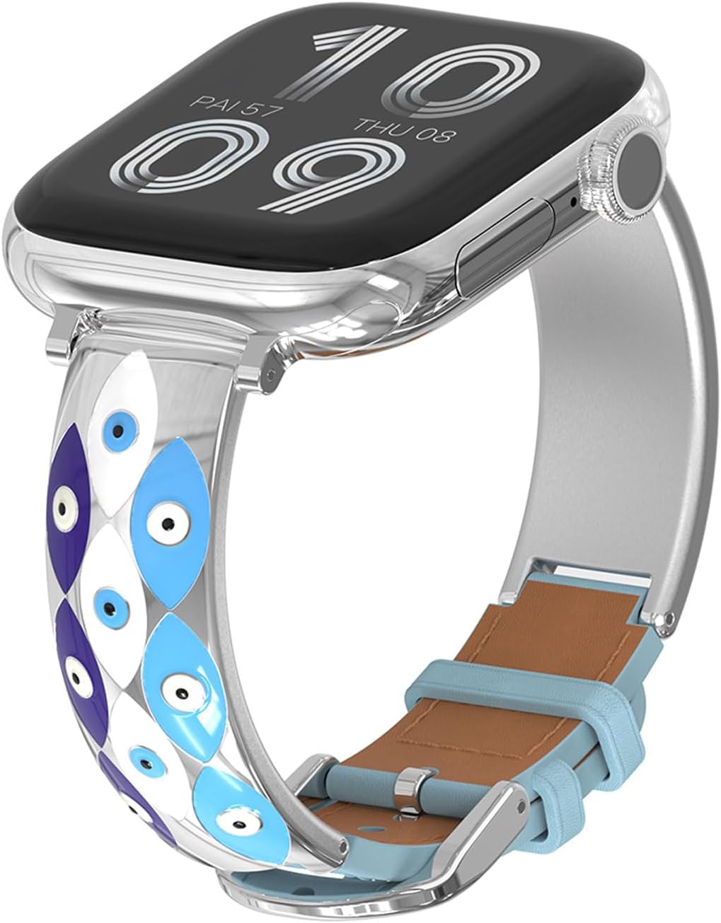 Strap Compatible with Apple Watch Band Suitable for Women 40mm 41mm 38mm 42mm 44mm 45mm 46mm 49mm Stainless Steel Eyes Pattern Carving and Leather Strap for iWatch series 10 9 8 7 6 5 4 3 2 SE Ultra