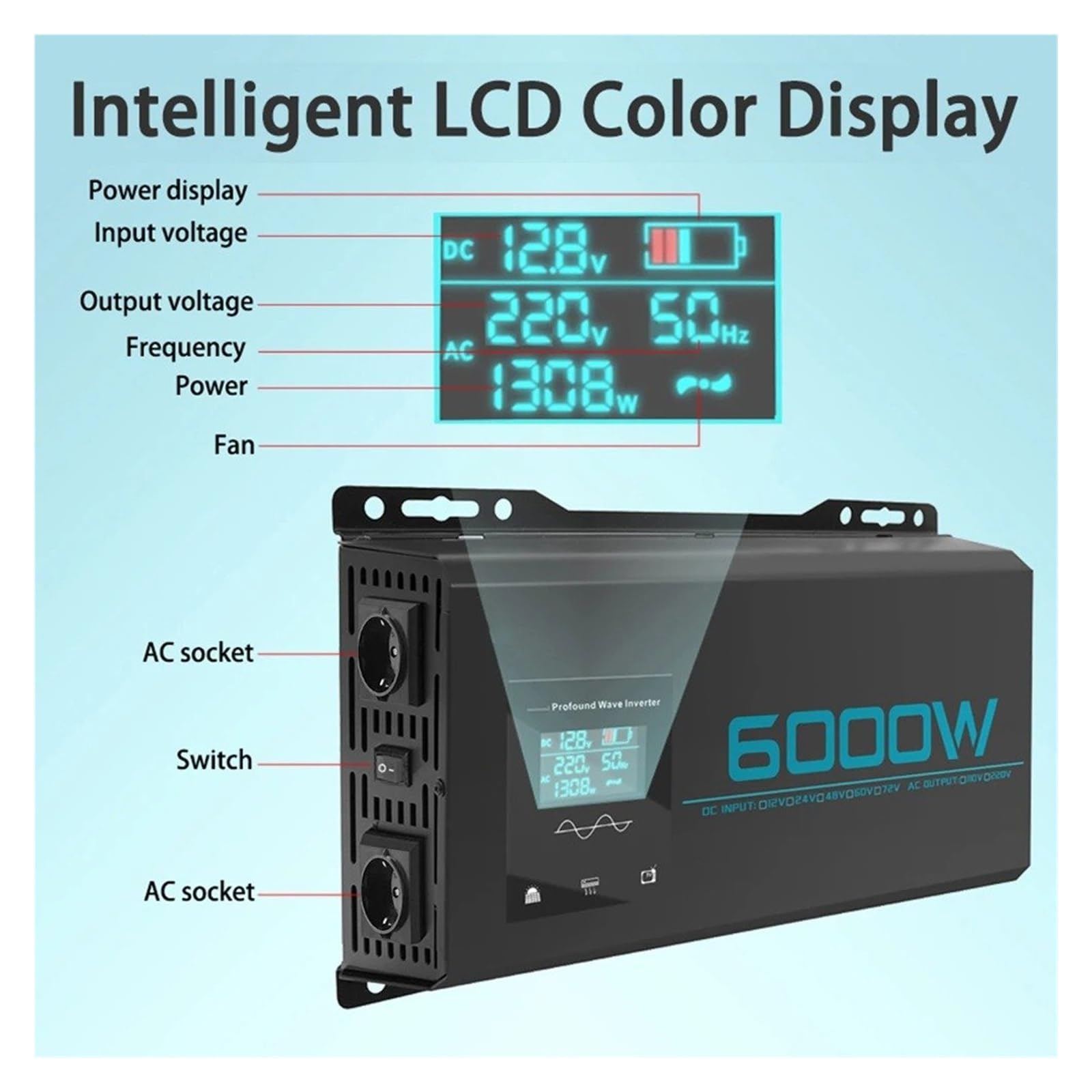 Power Inversor Corriente Hogar RV Camión Viaje Fuera Red 6000W Doble Voltaje Inversor Onda Sinusoidal para Pura DC 12V Y 24V A AC 220V Convertidor Energía Solar