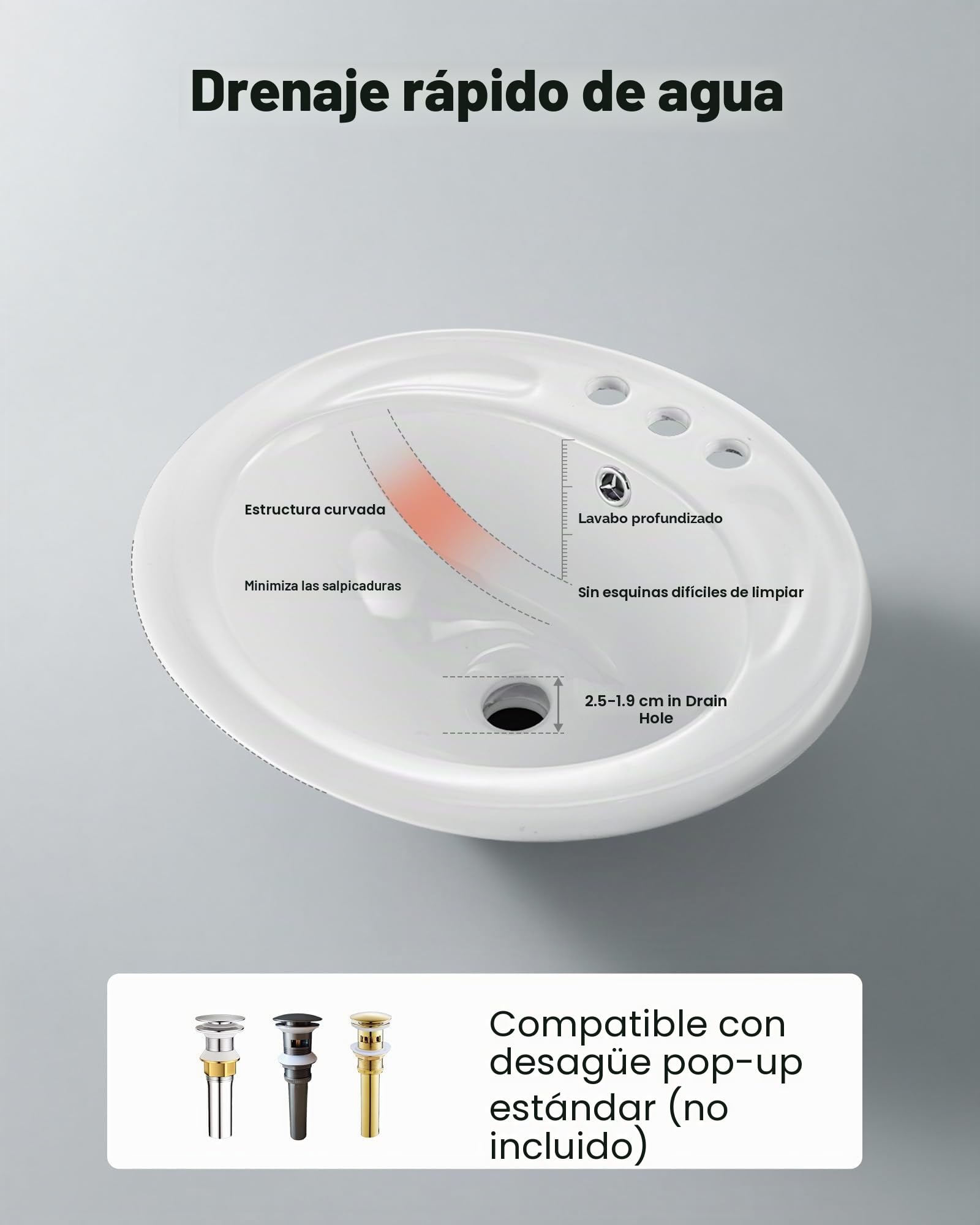 VEVOR Lavabo Semiencastrado de Encimera Ovalado, 485 x 425 x 190 mm, con Rebosadero y 3 Orificios para Grifo, Moderno Lavabo Empotrado para Cocina y Baño, con Protección Antiamarilleo, Blanco