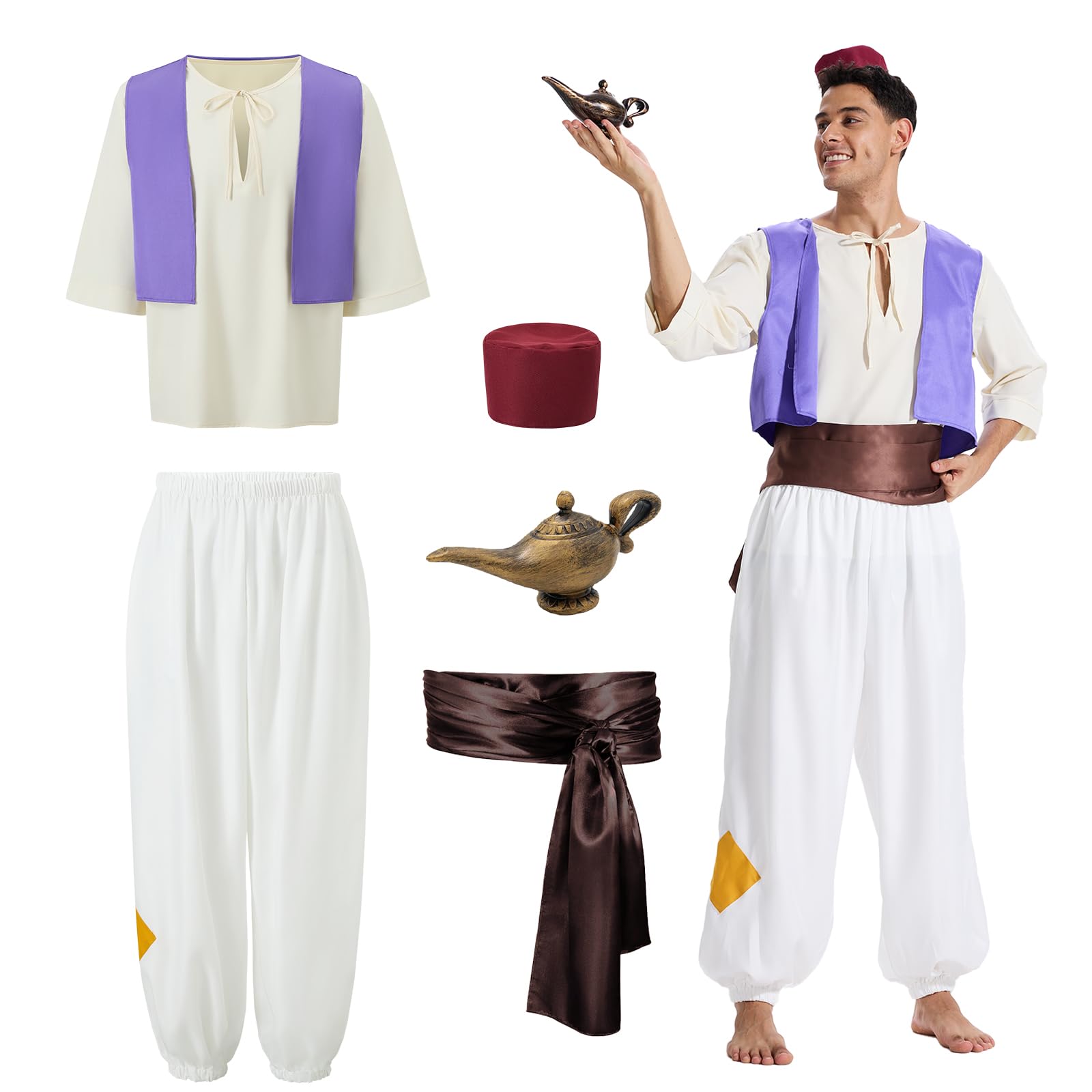 Arabian Prince Costume for Men - Adjustable Polyester Set with Vest, Harem Pants & Lamp | Halloween Outfit