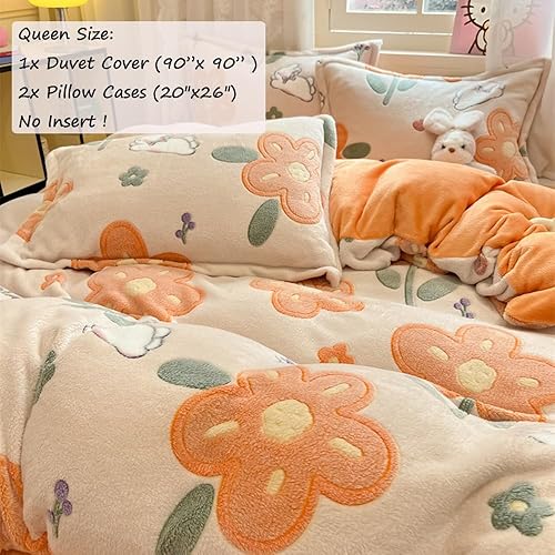 Vista 26 de Juego de funda de edredón a cuadros, funda de edredón floral, funda de edredón esponjosa, funda de edredón Kawaii de dibujos animados de conejo