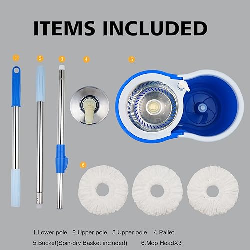 Miniatura 6 de Trapeador giratorio y cubo con juego de escurridor sistema de cubo giratorio de 360 con 3 cabezales de repuesto de microfibra y mango ajustable de