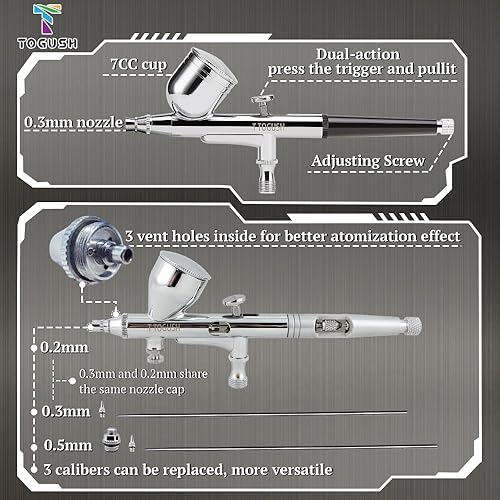 Miniatura 3 de Kit de aerógrafo con compresor de tanque de aire, 2 aerógrafos de gravedad de doble acción con boquilla de 0.008 in, 0.012 in, 0.020 in, compresor