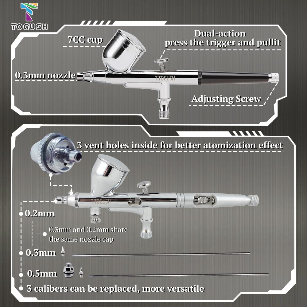 Airbrush Set mit Lufttankkompressor, 2 x doppelt wirkende Schwerkraftzufuhr Airbrush-Pistole mit 3 Düsen-Sets (0,2 mm, 0,3 mm, 0,5 mm) für Luftschlauch, Werkzeug