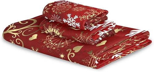 Miniatura 5 de Vdsrup Juego de 3 toallas de mano de copos de nieve de Navidad, color rojo y dorado, toalla de baño, toalla suave y fina para invitados, cocina,