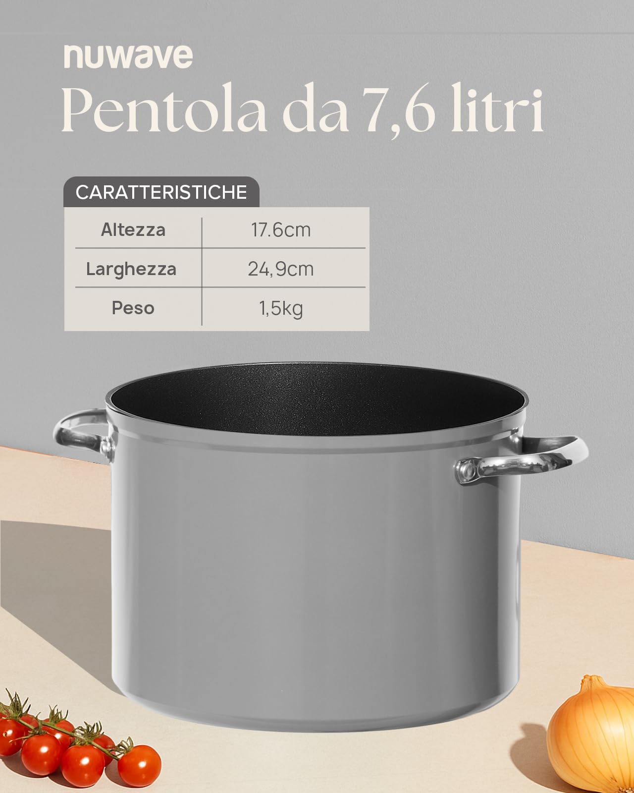 Nuwave Pentola da 7,6 litri in Ceramica Antiaderente Duralon Blue in Grigio, Priva di PFAS, Compatibile con Induzione e Forno, Lavabile in Lavastoviglie, Manici Freschi e Resistente ai Graffi