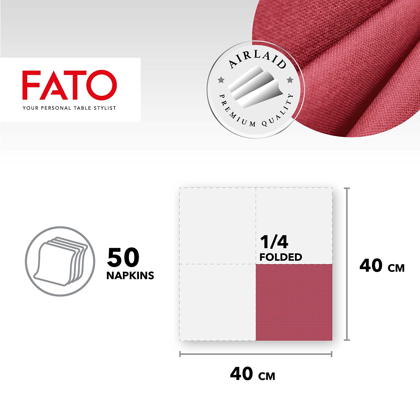 Fato - Serviettes en Papier Sec Airlaid, Effet tissu, Lot de 250 Serviettes, Taille 40x40 Pliées en 4, Couleur Bordeaux