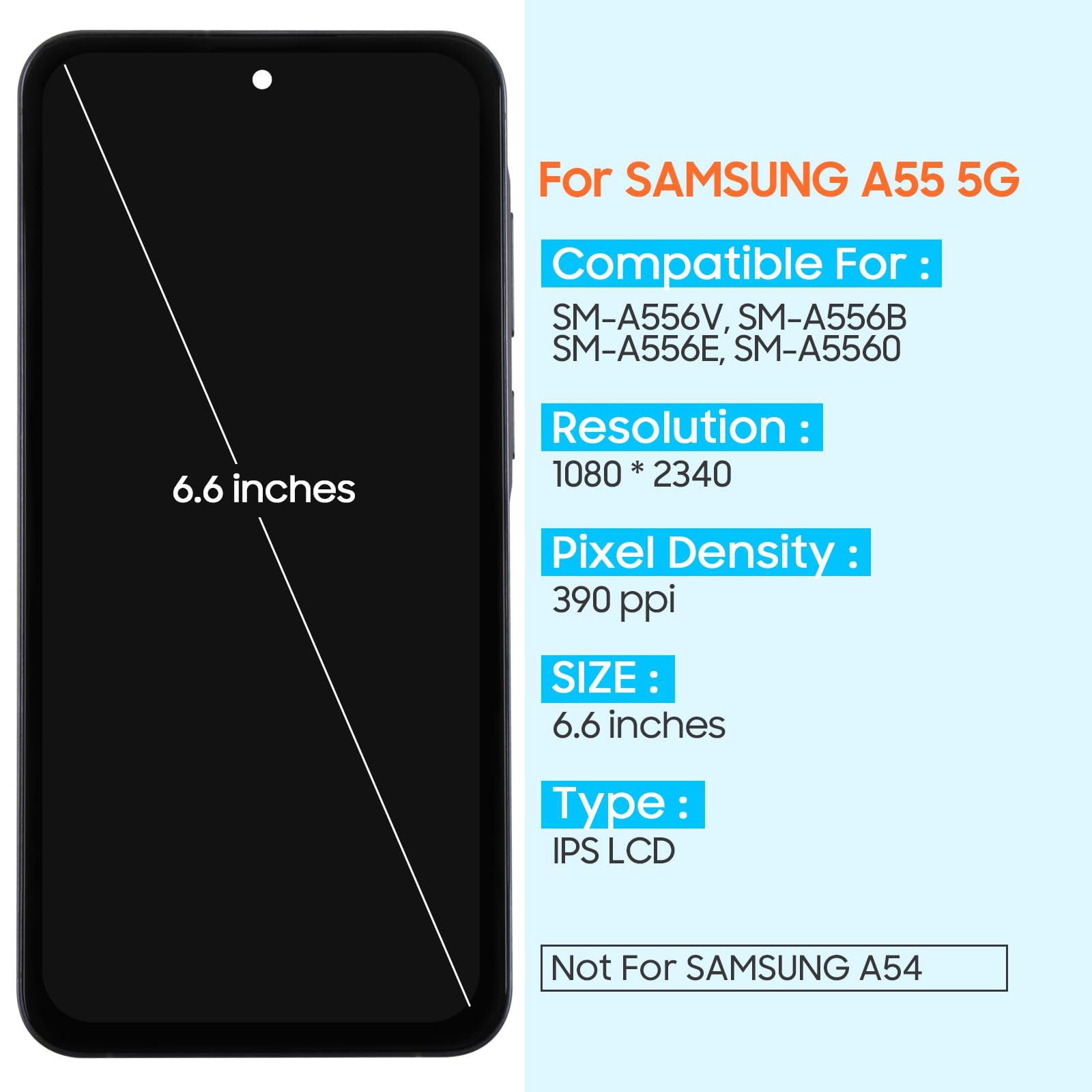 for Samsung Galaxy A55 5G Screen Replacement - for Samsung A55 5G LCD Display Touch Screen for Galaxy A556V SM-A556B/DS SM-A556E LCD Digitizer Glass Assembly Kits (with Frame, No Fingerprint)