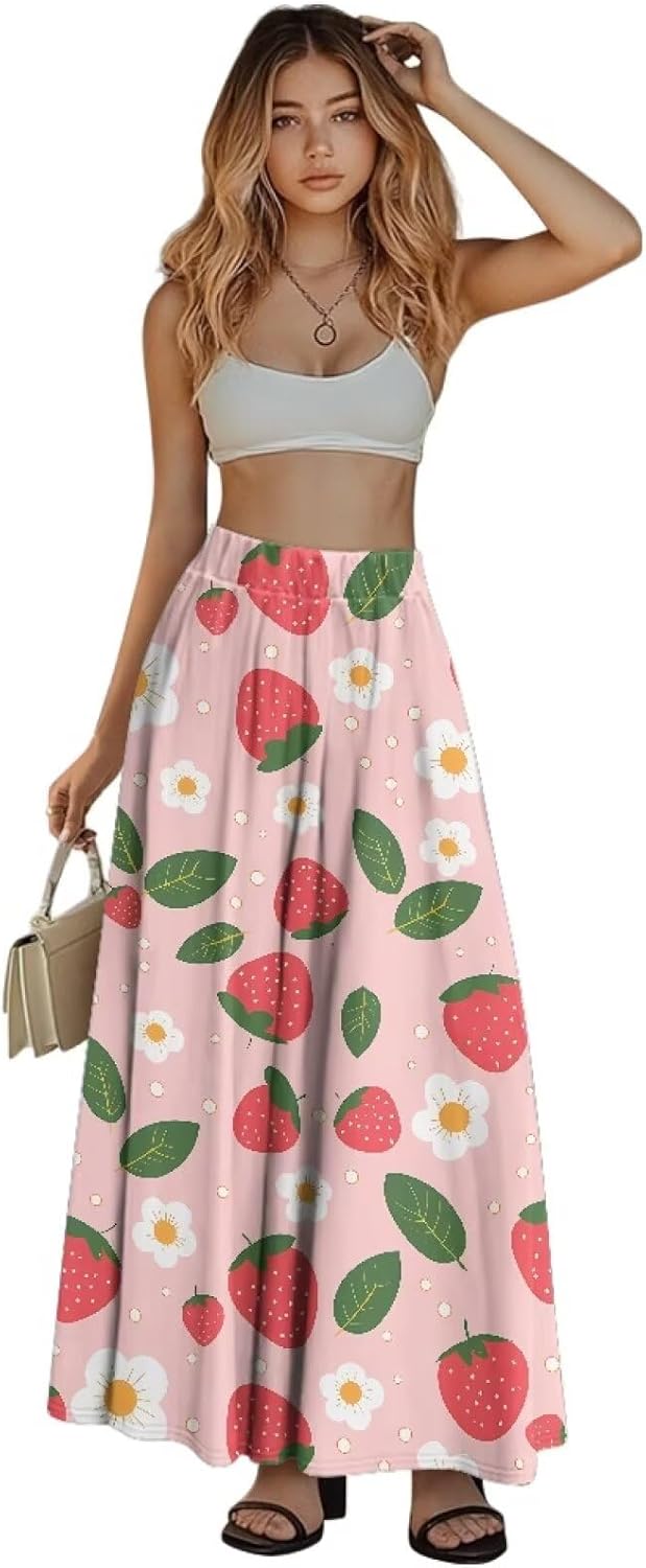 Maxi Skirts for Women with Pockets Pleated Elastic High Waist Flowy A-Line Midi Long Skirts Casual Work Long Skirt S-XXL