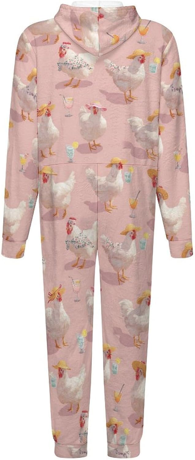 Adult Flannel Hoodie One Pieces Pjs Sets Cute White Chicken One-Piece Pajama for Women & Men Soft Warm