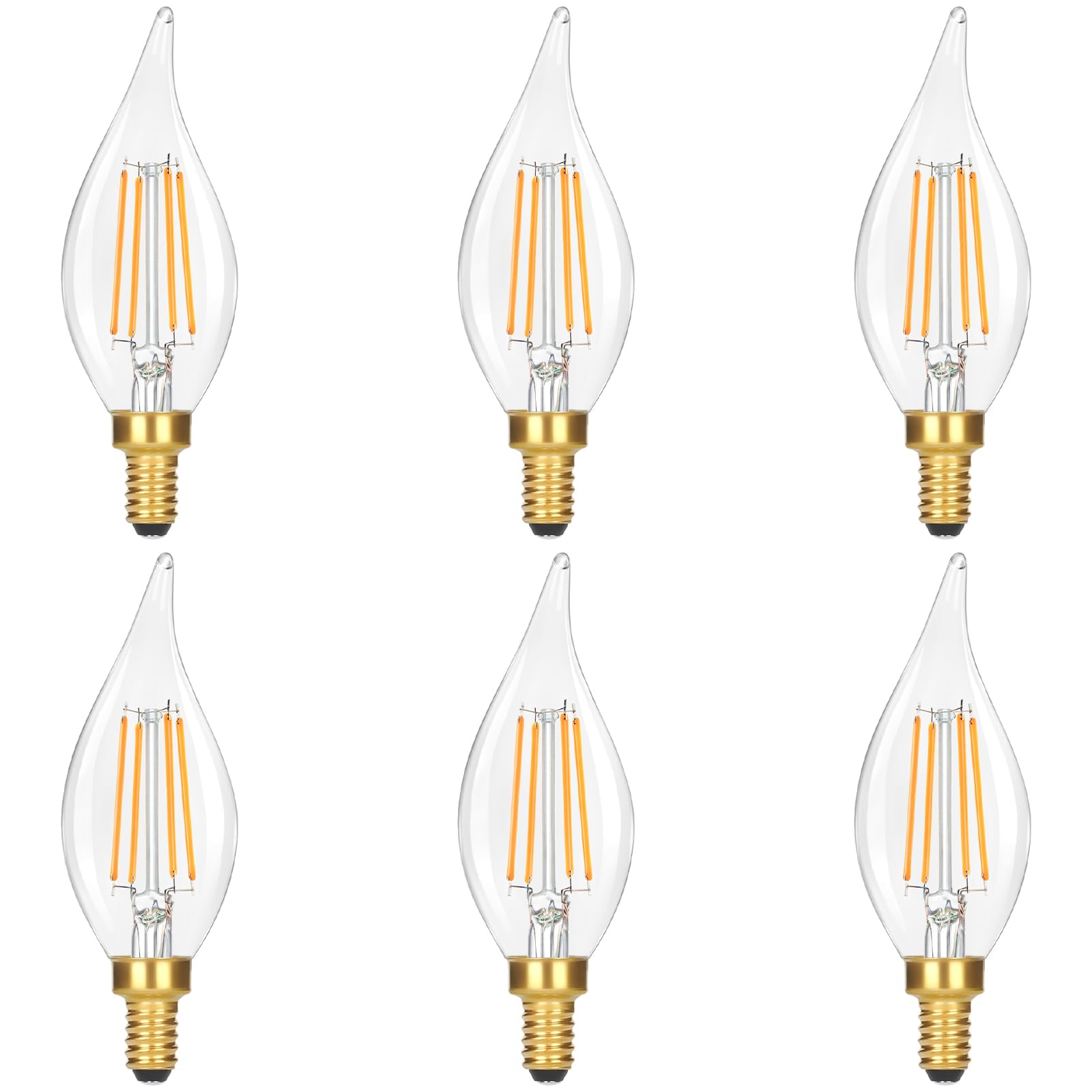GoBright Dimmable LED Candelabra Bulbs 2700K Soft Warm White, 60W 630LM Candle Light Bulb with Vintage Flame Tip, 6W Clear Glass LED Bulbs for Chandelier, Pendant, 6-Pack