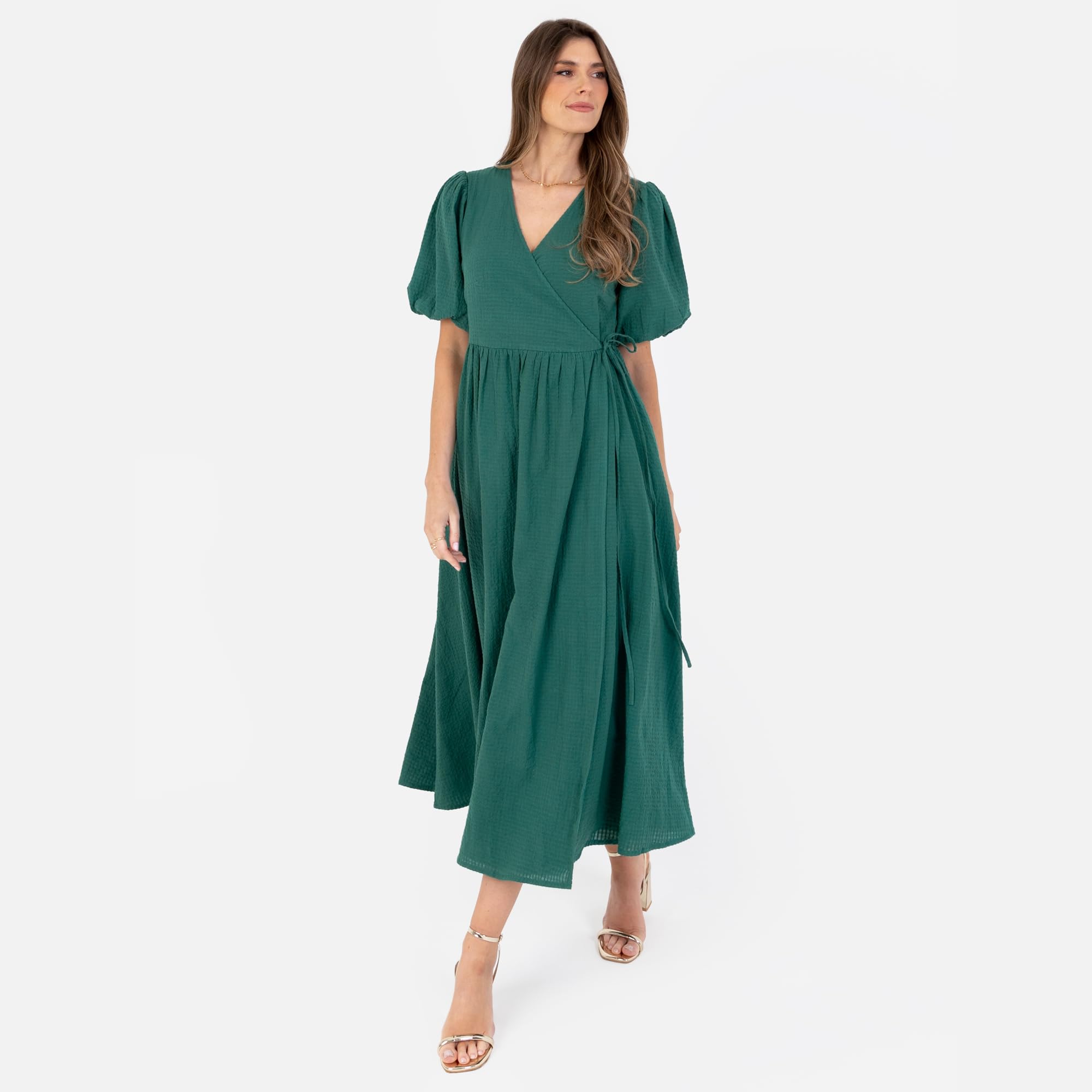 Lovedrobe Women's Ladies Maxi Dress Short Puff Sleeves V-Neckline Wrap Waist Tie A-Line Evening Occasion Floral Print Summer Robe Femme (Lot de 1)