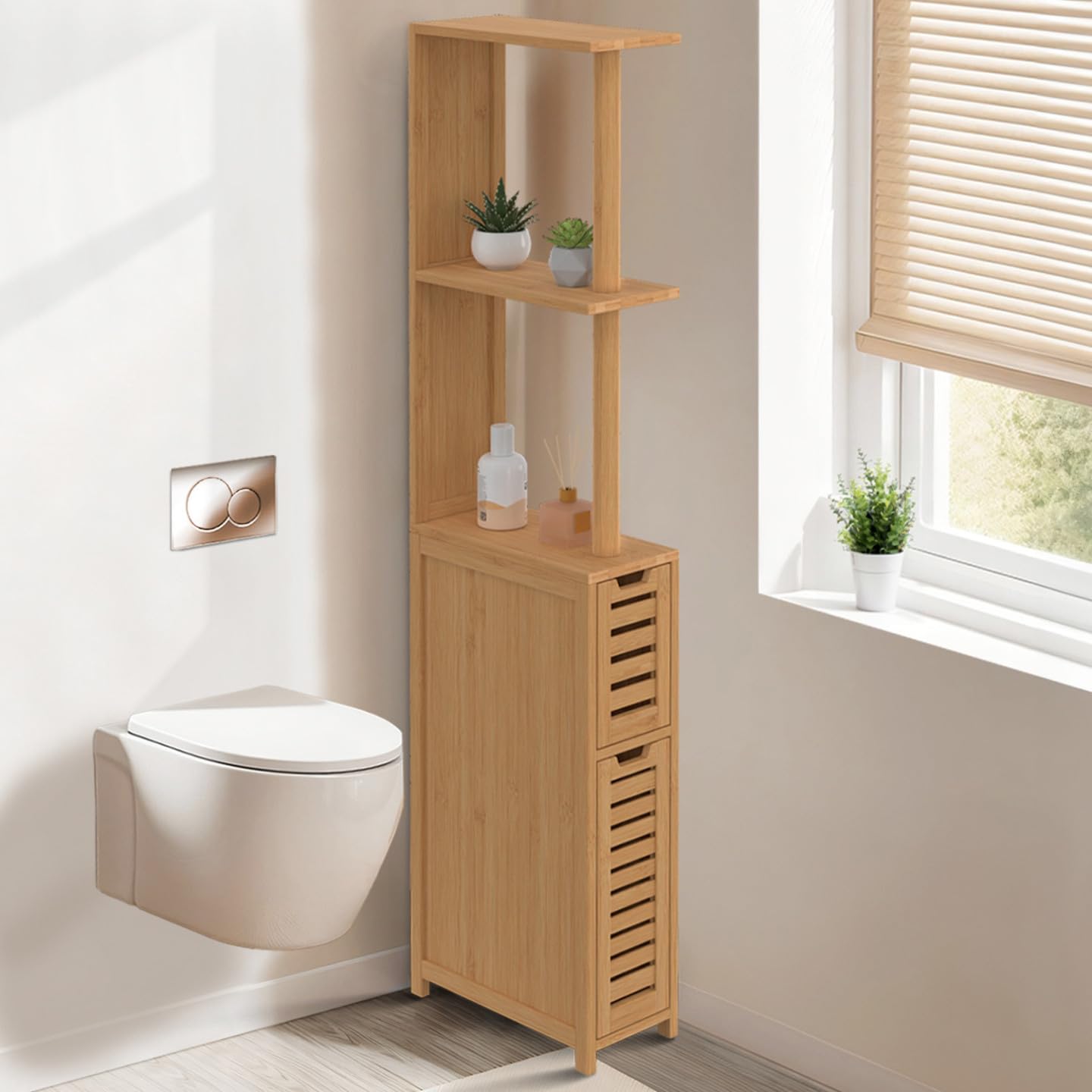 IDMarket - Mueble WC BEA de 2 puertas en bambú con estantes