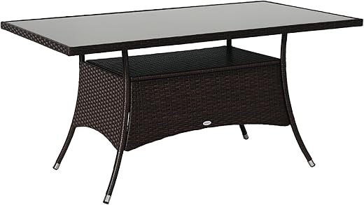 Outsunny Gartentisch Glastisch Esstisch Gartenmöbel Tisch, Polyrattan+Sicherheitsglas, Braun, 150x85x74cm