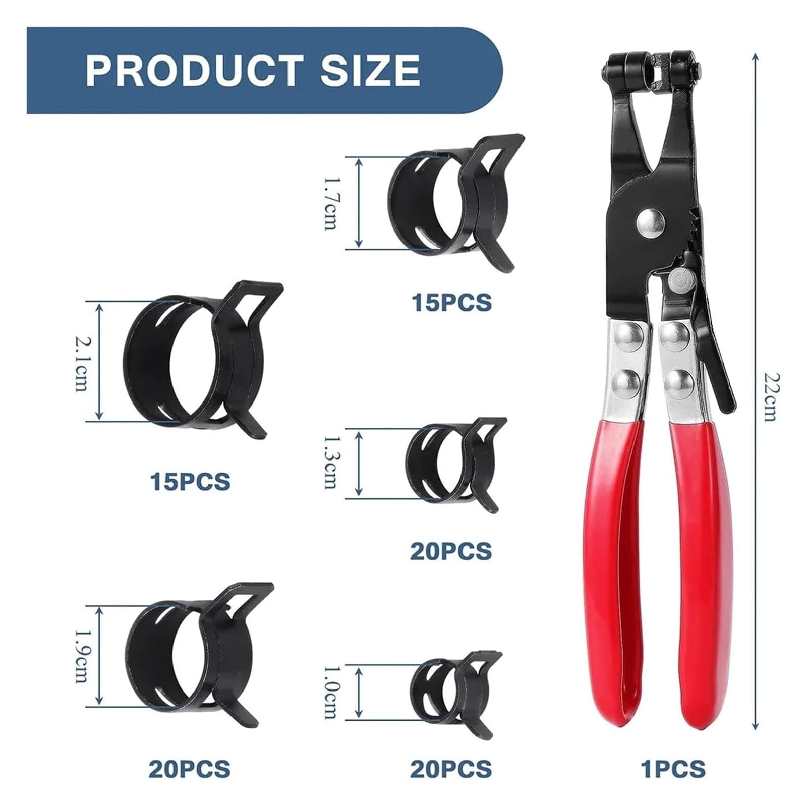 90 abrazaderas de manguera con resorte de 10-21 mm - Juego for líneas de combustible, aire a baja presión, tuberías de agua y vacío. Incluye alicates.