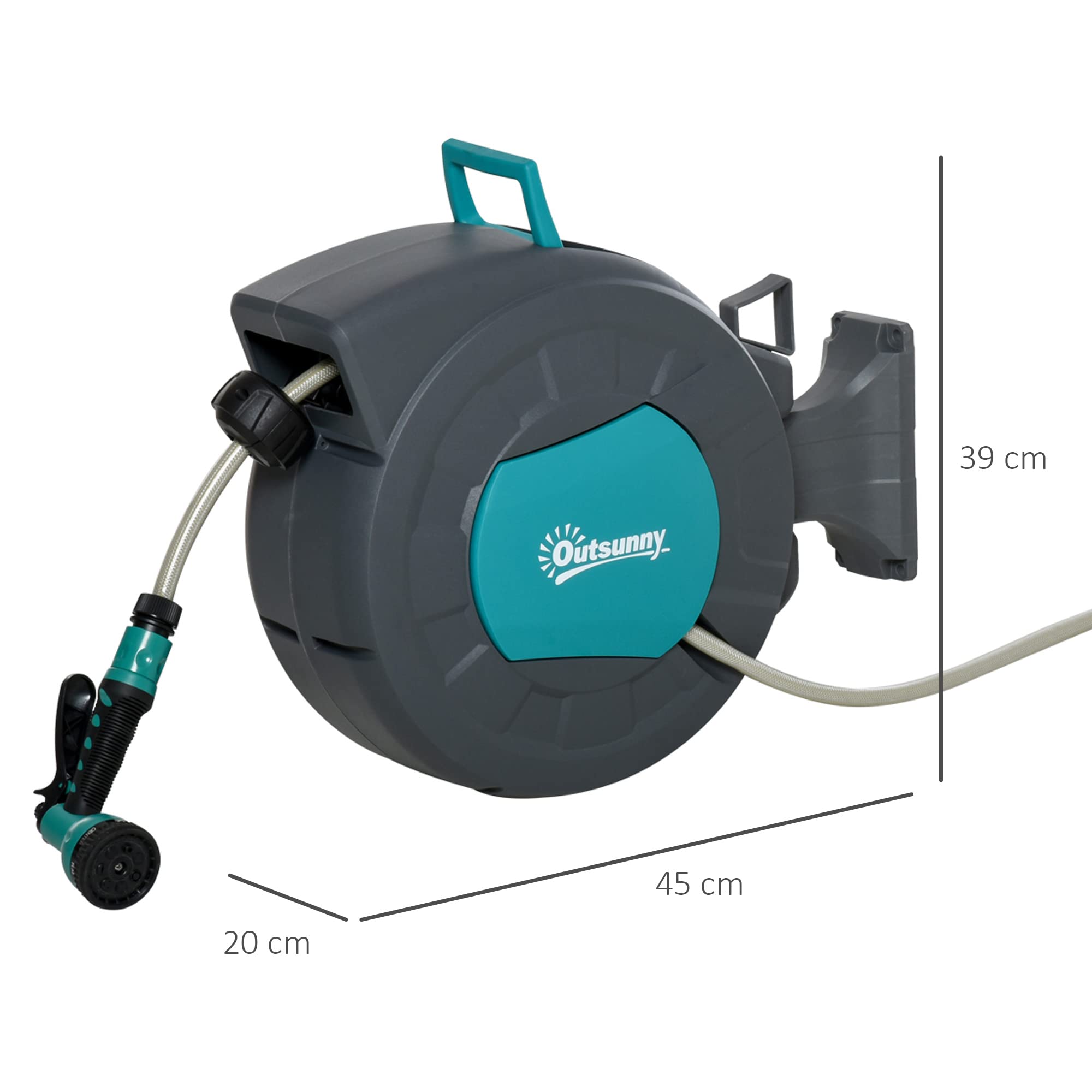 Outsunny Enrouleur Tuyau Arrosage Automatique 15 + 1,4 m Turquoise Gris | Pivotant 180°, Lance Arrosage, Support Mural Intégré