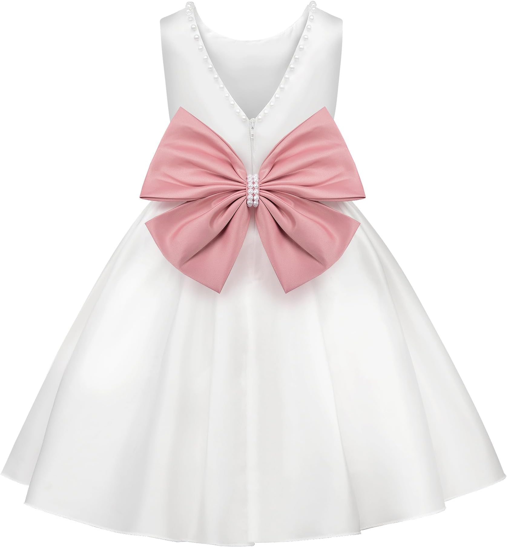 Flower Girl Dress Satin Sleeveless with Pearl and Detachable Bow for Wedding and Party