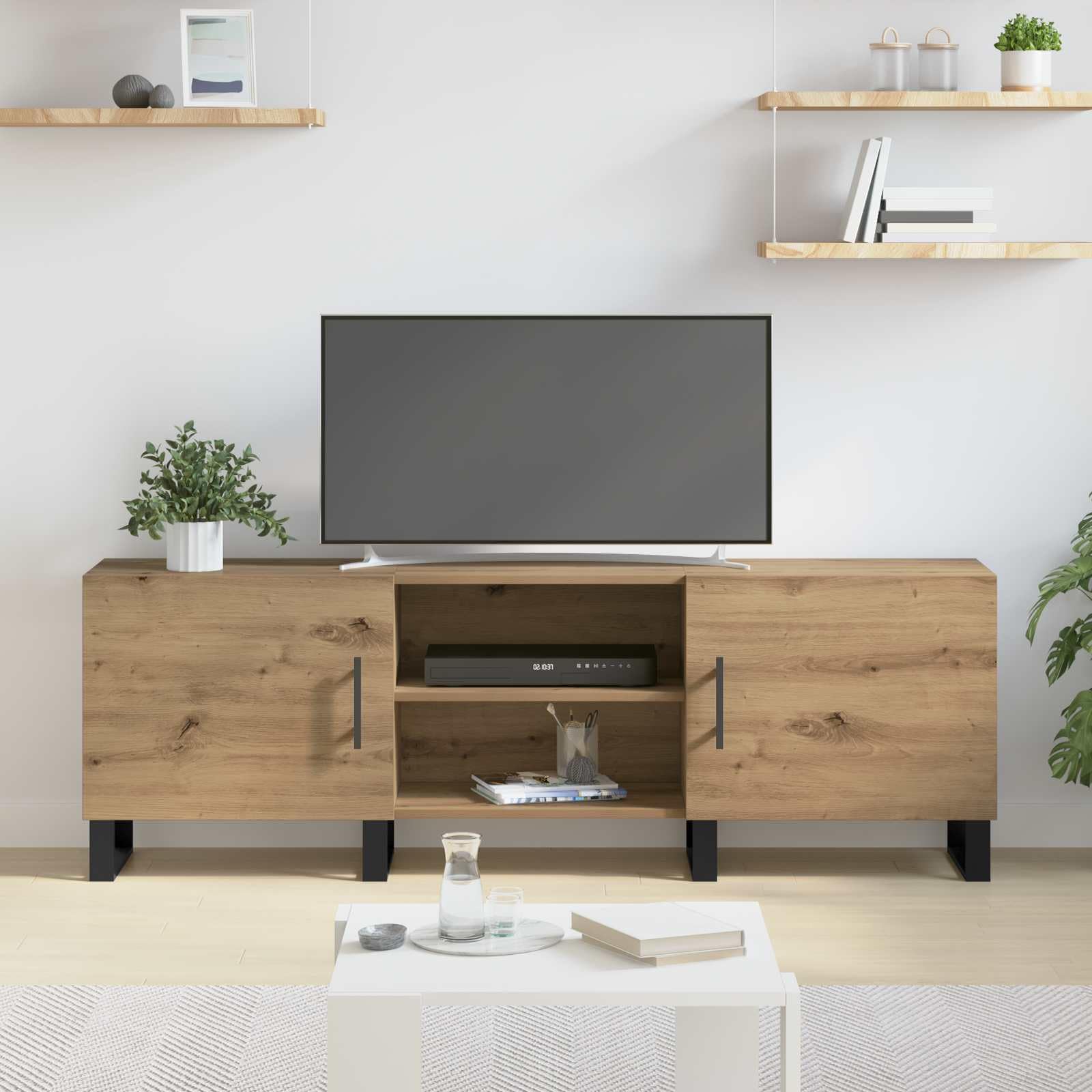 59-Inch Engineered Wood TV Stand with 2 Doors, Oak | Measures 150 x 30 x 50 cm with an open center shelf, providing storage for media players in living rooms.