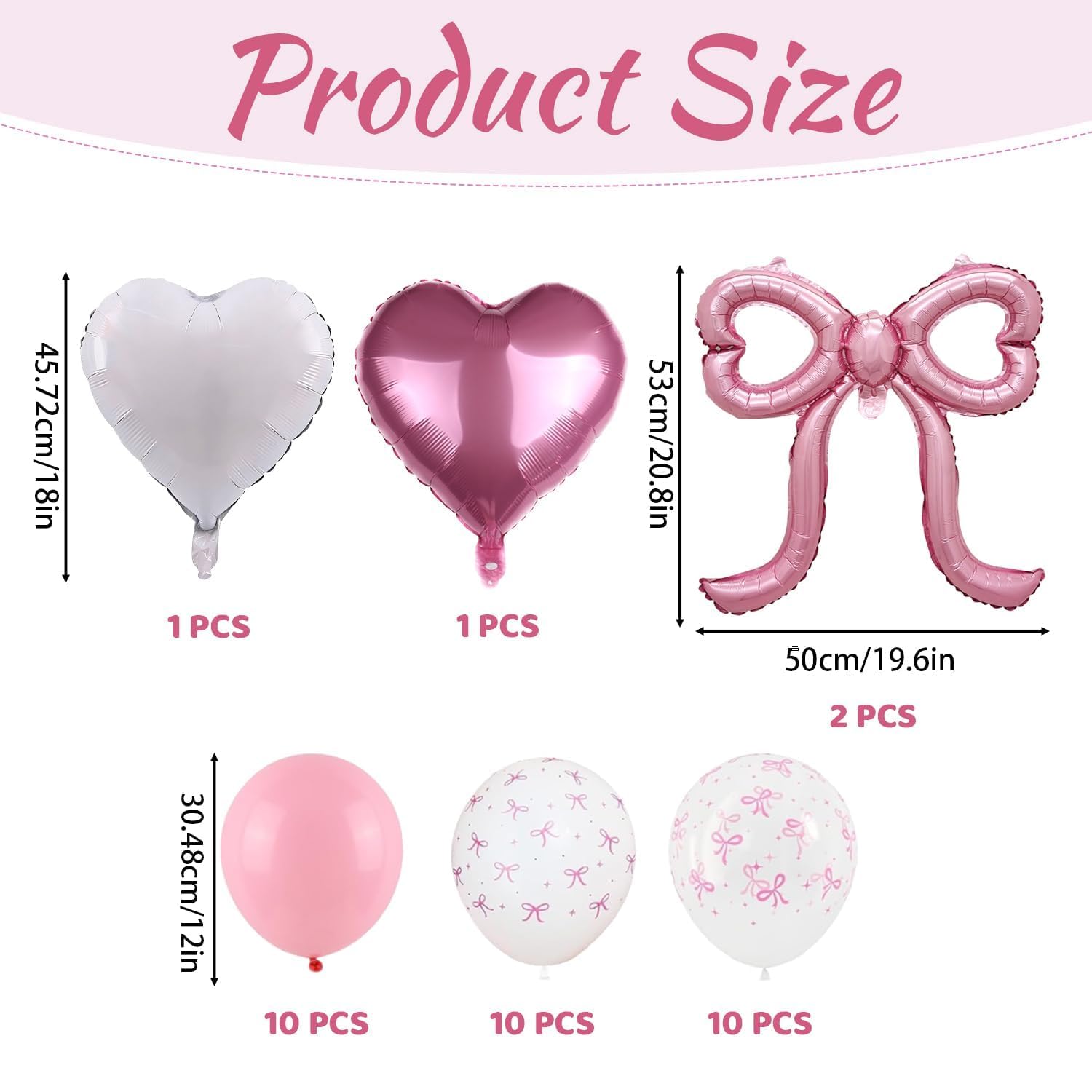 34PCS Pink Bow Balloons, Love Heart Balloons, Coquette Foil Balloon, Pink, White, Transparent - Image 2