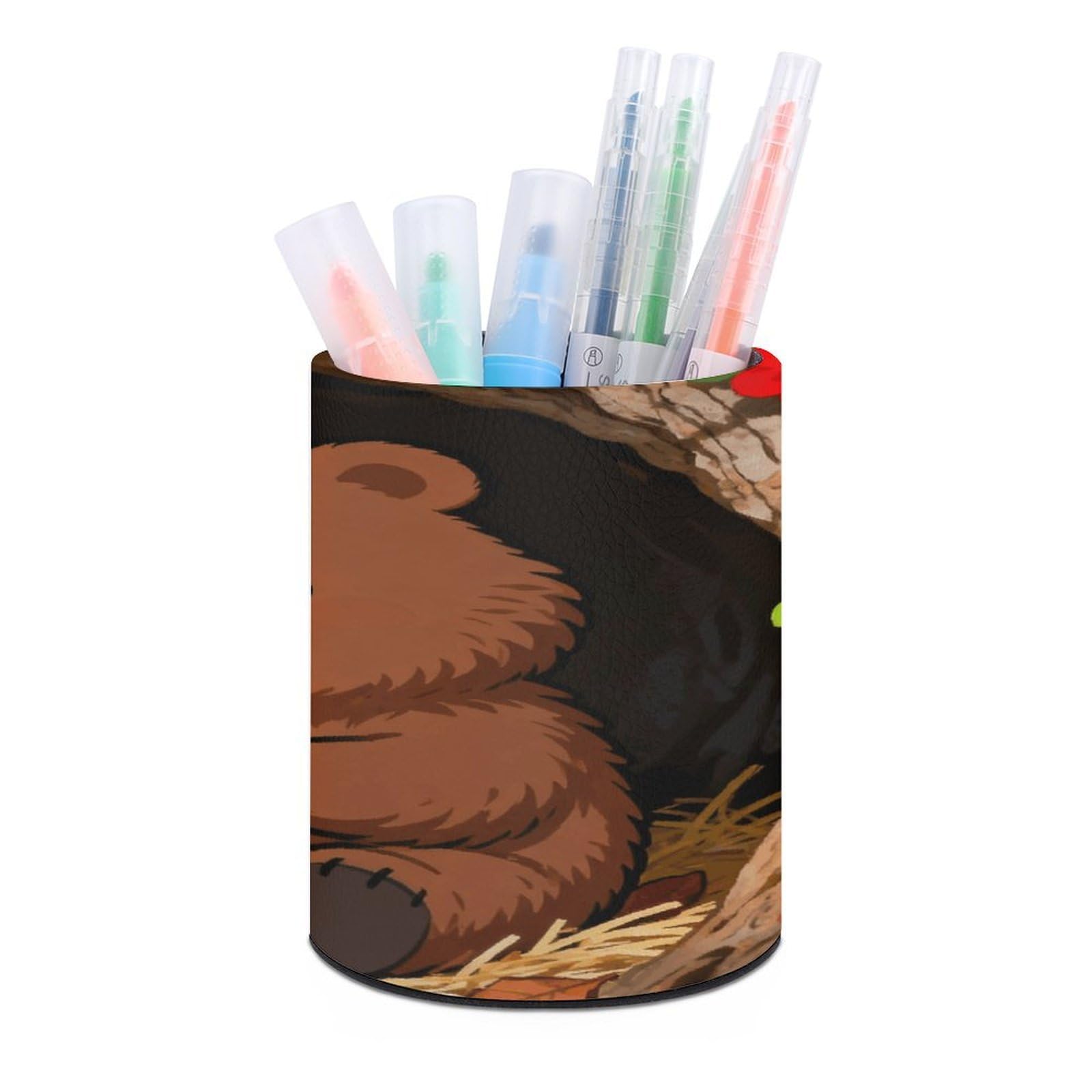 VstaDank Woodland Animal Pen Holder Round Pencil Holder Cup Pen Container PU Leather Desk Organizer Stand Decor Brush Scissor Holders Decoration Office Desk Home (3.1 X 3.9 Inches)