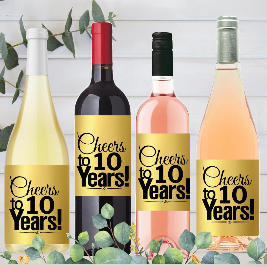 CakeSupplyShop Item#010CWB 10th Birthday/Anniversary Cheers Metallic Gold Wine Bottle Labels-8ct