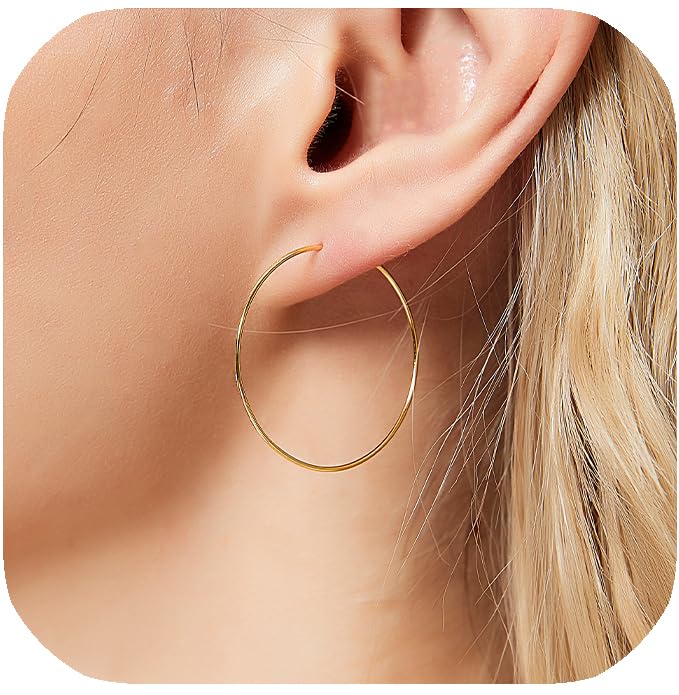 925 Sterling Silver Thin Gold Hoop Earrings,14K Gold Plated Simple Everyday Earrings, Medium Hoop...