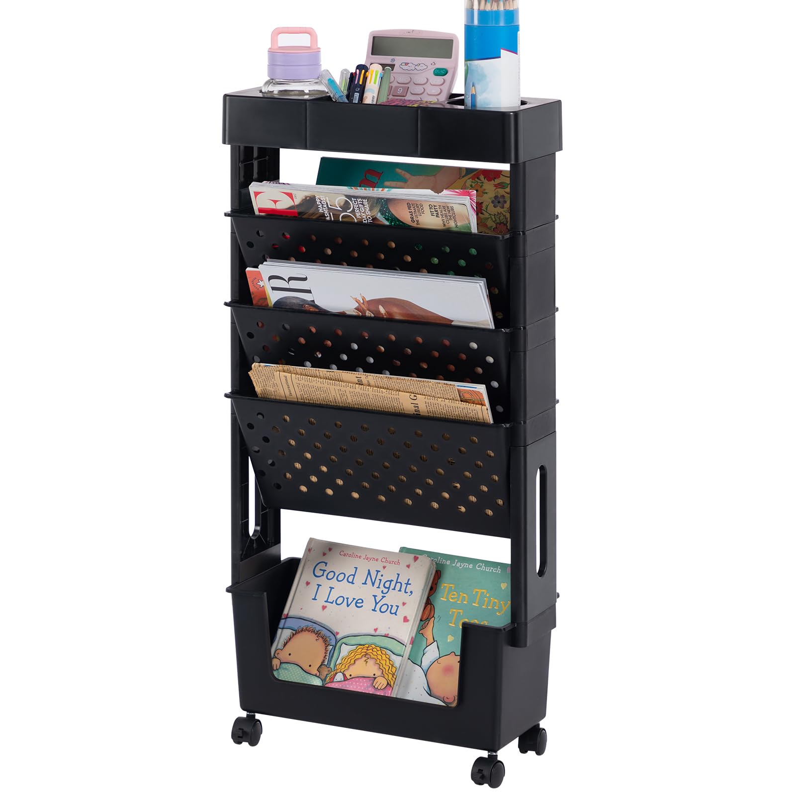 DOEWORKS Mobile Bookshelf with Wheels Book Trolley Craft Trolley Slim Storage Trolley on Wheels 5-Tier Rolling Storage Cart Movable Bookcase for Living Room Bedroom Office, Black — image 1