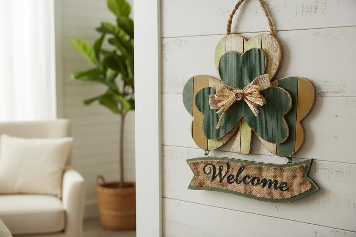 Lucky Shamrock Wood Slatted Welcome Sign Hanger