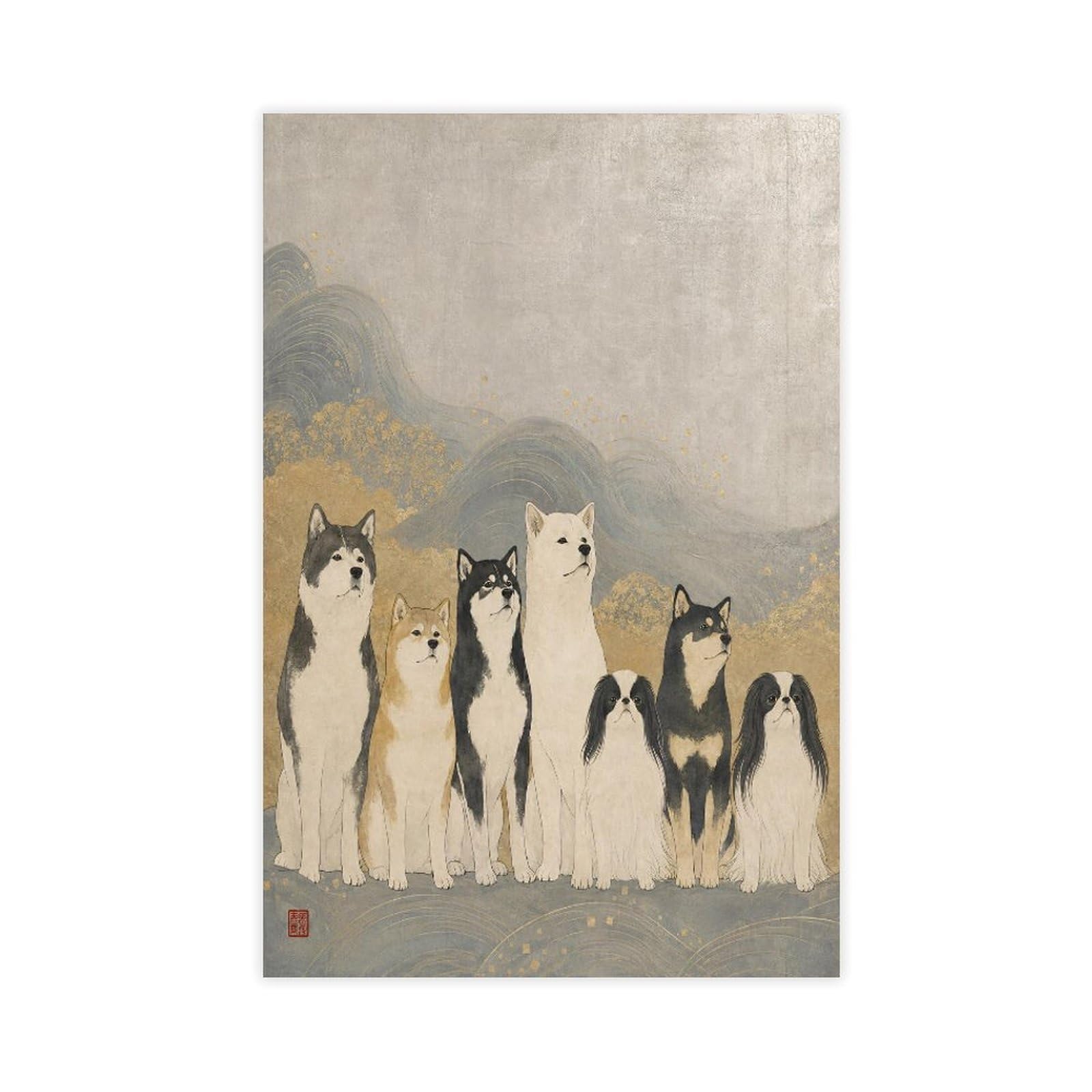 W7c8u2x3 Unframe-Style-22 Shiba Inu Group Canvas Wall Art, Soft Grey Realist Painting