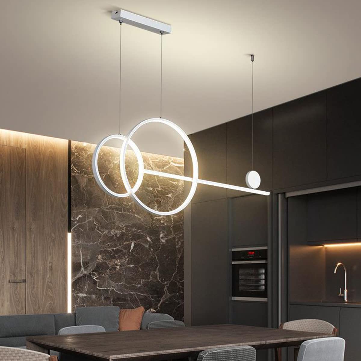 Bellastein LED Dining Table Pendant Lamp with Remote Control Dimmable Chandelier Modern Linear Pendant Lamp Height Adjustable 48W Creative Ceiling Lamp for Living Room, Dining Room (White, B)