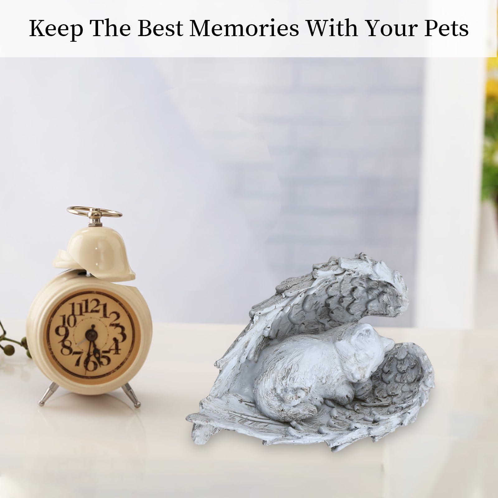Dokeno Estatua Conmemorativa de Gato para Mascotas, Estatua de Ángel para Gato en Resina, Gato Durmiendo en Alas de Ángel Estatua de Tributo, Ángel Pet Memorial Tumba Marcador
