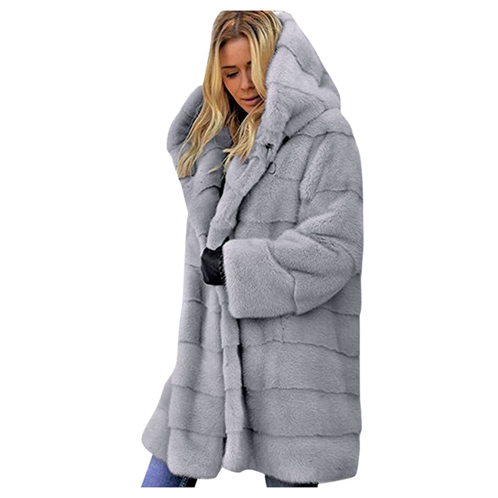 Women's Coat Fleece Jacket Sherpa Fuzzy Faux Shearling Hoodies Jacket Casual Winter Warm Oversized Outwear Long Fur Coat