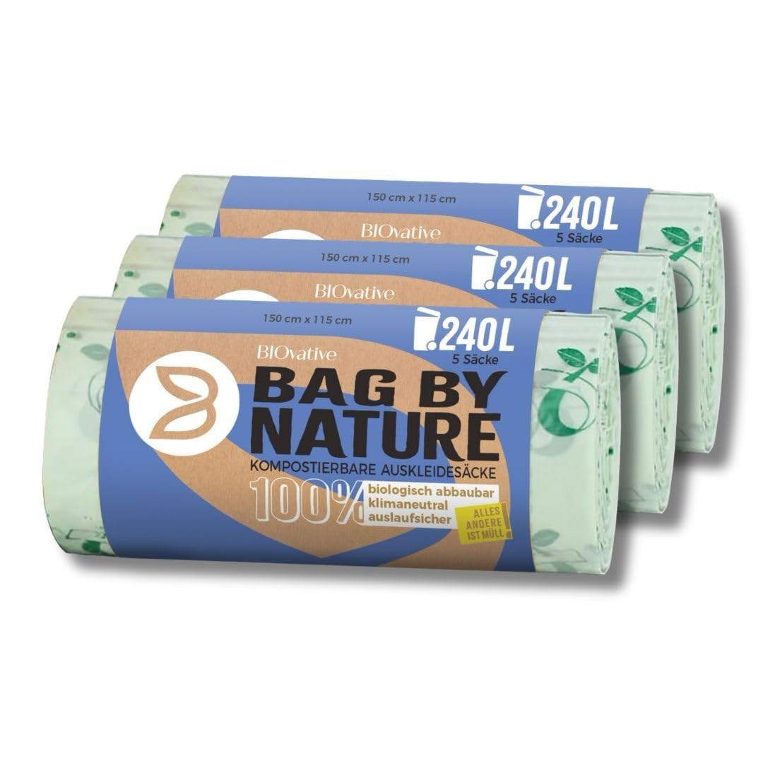Bolsas de basura biológicas compostables 240L - 15 unidades - Fabricadas en Alemania, 100% biodegradables, neutras para el clima, resistentes al desgarro - también como 120L