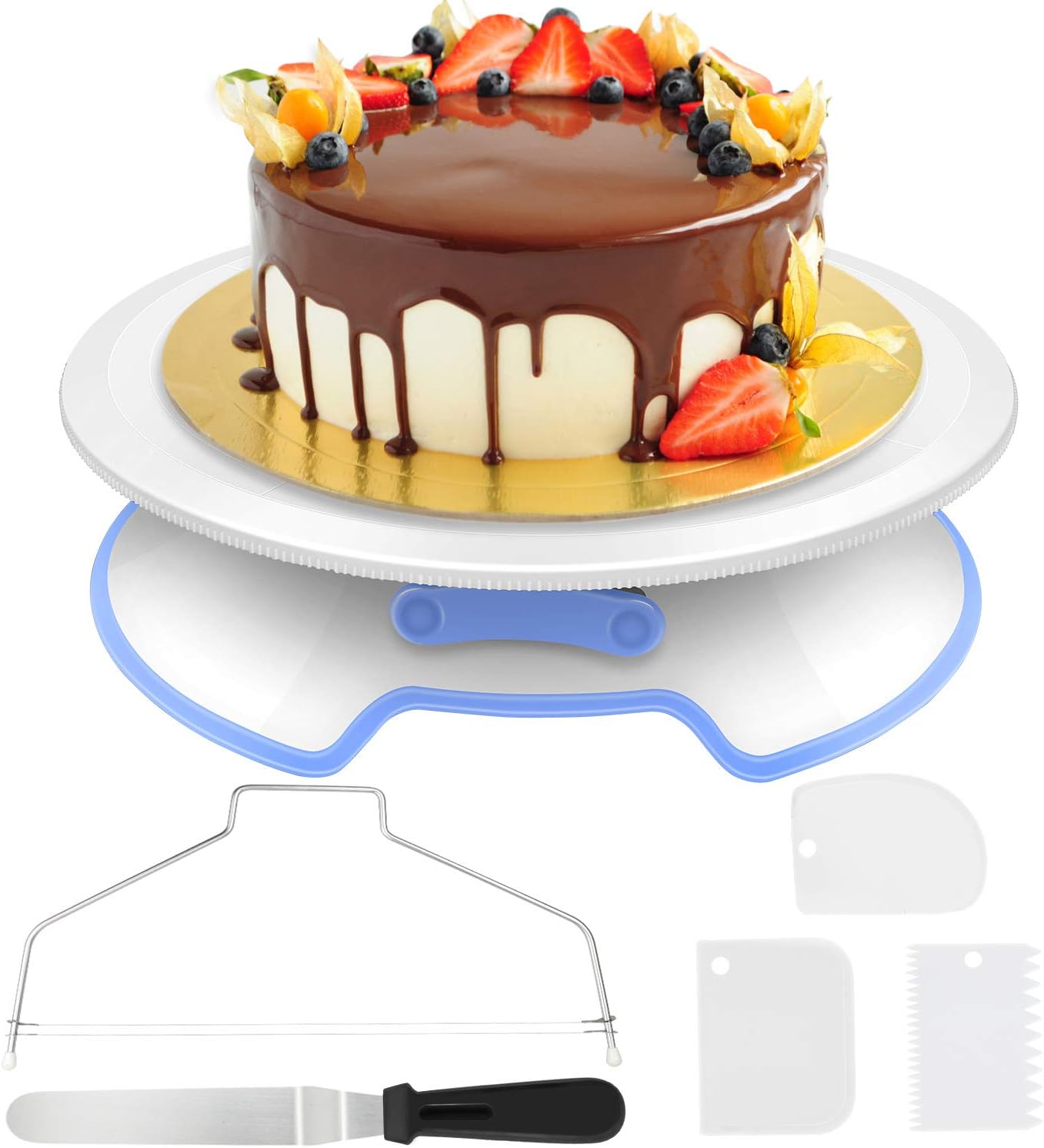 Rotating Cake Decorating Turntable Stand with 1 Angle Palette, Icing Smoother for Baking, Pastry and Sugar Icing Pattern 30 x 8 cm (Set of 3) White