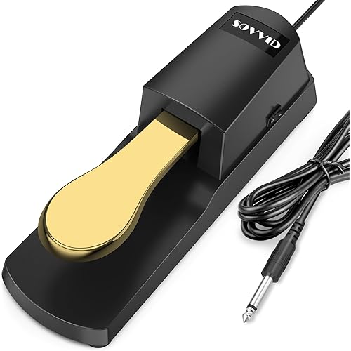 Sovvid Sustain Pedal for Keyboard, Gold Sustain Pedal with Classic Straight Plug, Piano Foot Pedal for All Brands Electronic Keyboards, MIDI Keyboards, Digital Pianos, Yamaha, Roland, Korg