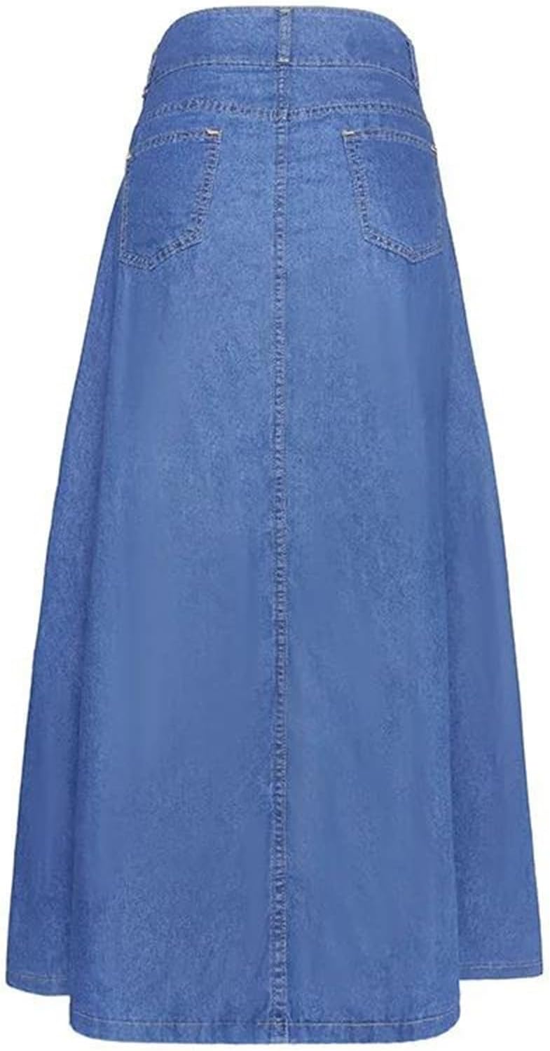 Women’s High-Waist A-Line Denim Skirt – Retro Splice Button Front Pockets Midi Flare Swing Ruffle Jean Skirt
