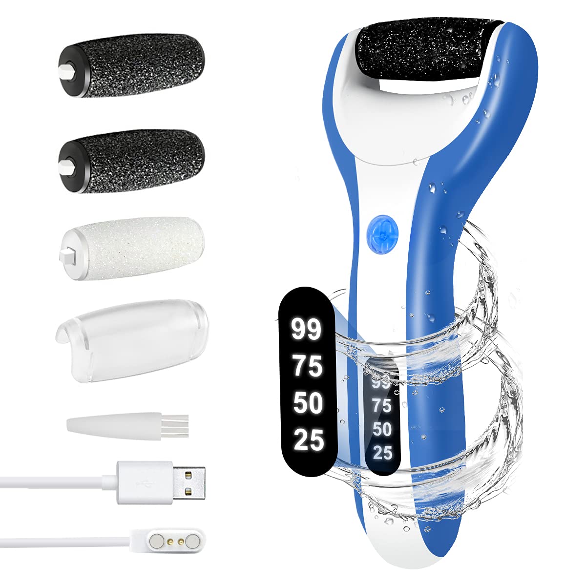 BOMPOW Electric Foot Files for Hard Skin Remover Foot IPX7 Waterproof, Callus Remover with 3 Rollers LED Light for Stubborn Thick Callus Dead Skin (Blue)