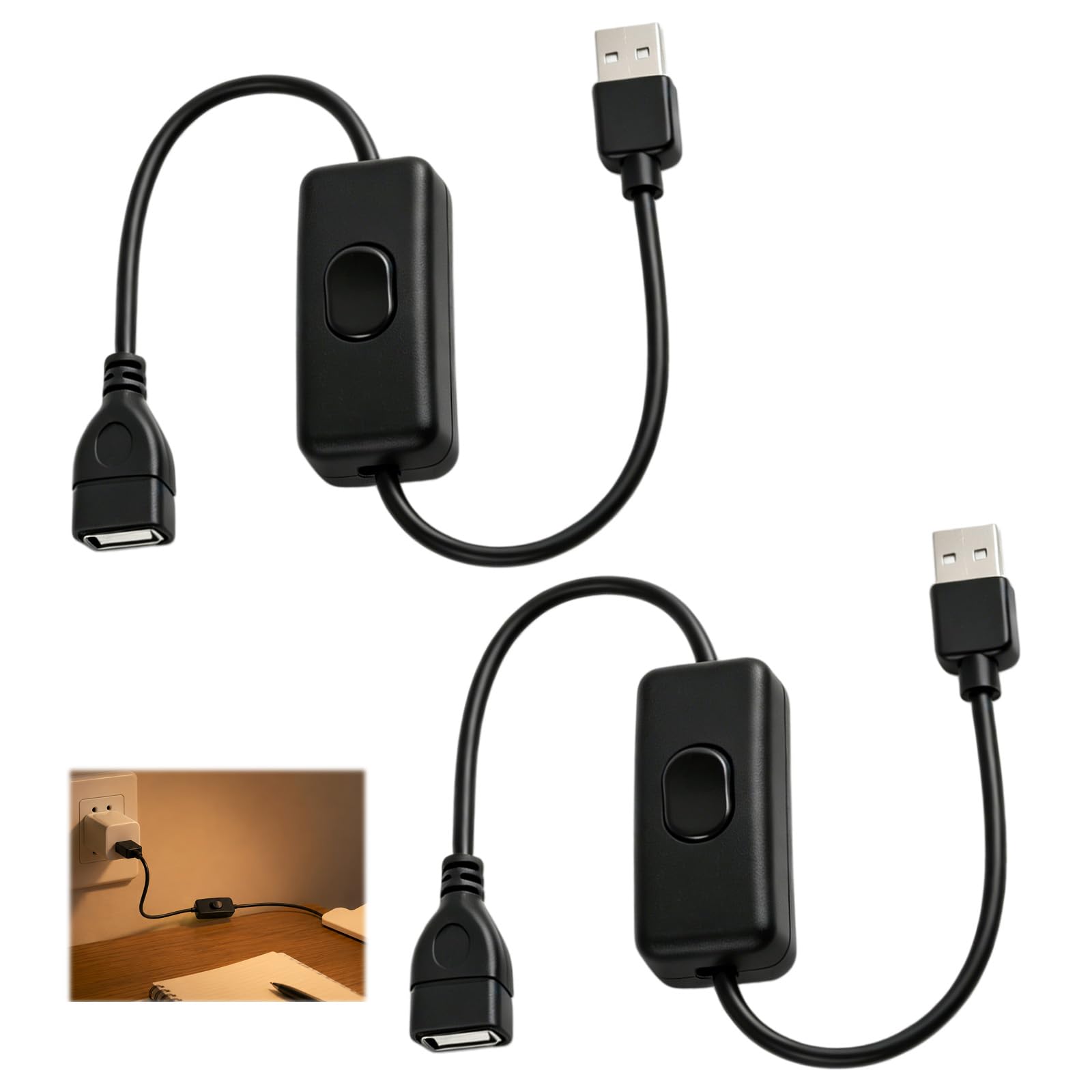 2 Stück USB Schalter Kabel 0,3 M, USB Kabel mit Ein/Aus Schalter für Dashcams, LED-Schreibtischlampen USB Lüfter LED Streifen Niederspannung Geräte, Verlängerungskabel, Stromversorgung