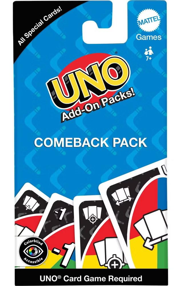 Mattel Paquetes adicionales UNO, paquete de regreso, defensa y enemigos, todas las tarjetas especiales, a partir de 7 años