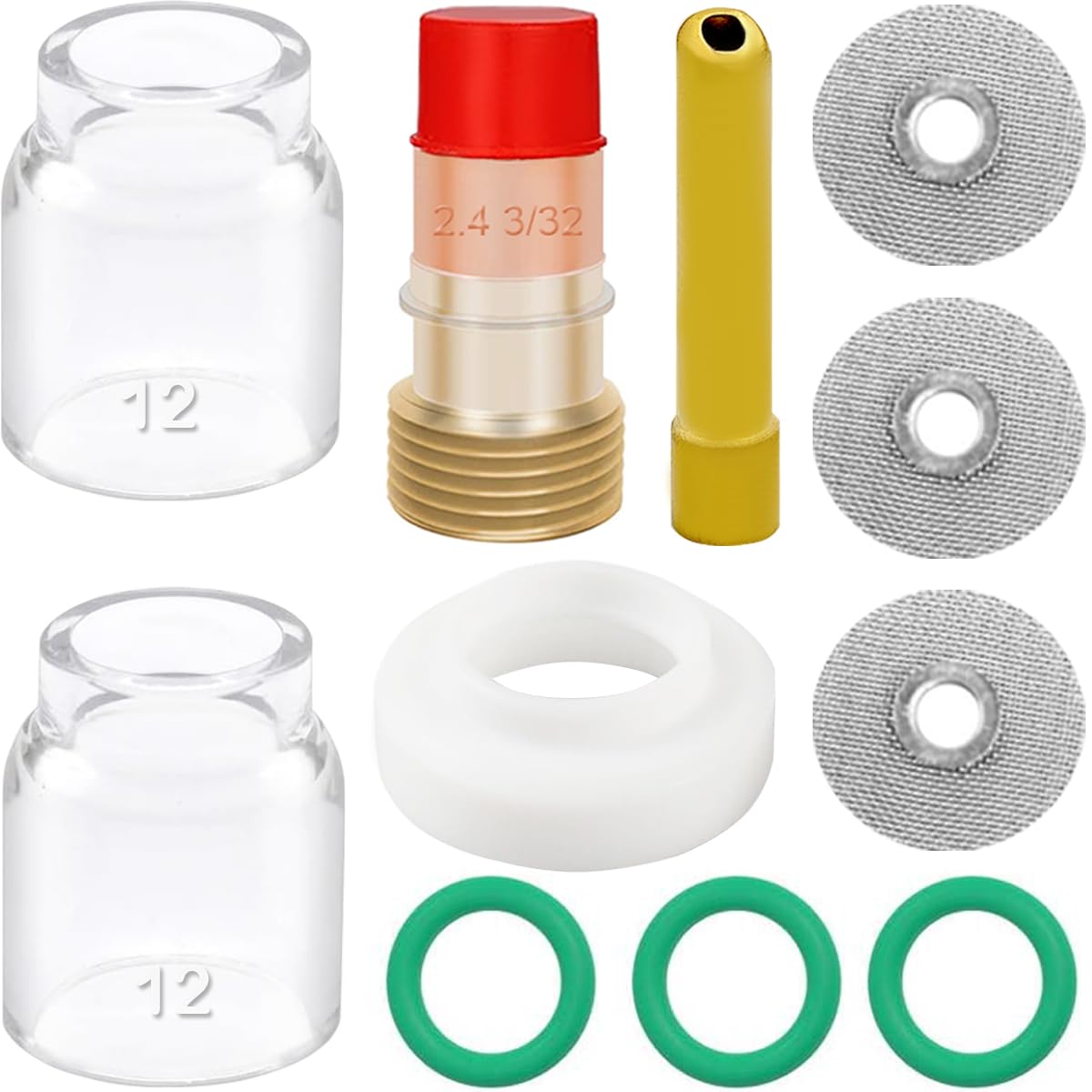 EATBALE Welding Torch Accessories Kit for TIG WP-17/18/26, 12# Glass Cup, Stubby Collets Body Gas Lens, Welding Tips, Diffuser, Cup Gasket, O-ring for TIG Welding Torch Consumables Kit 2.4mm (11Pcs)
