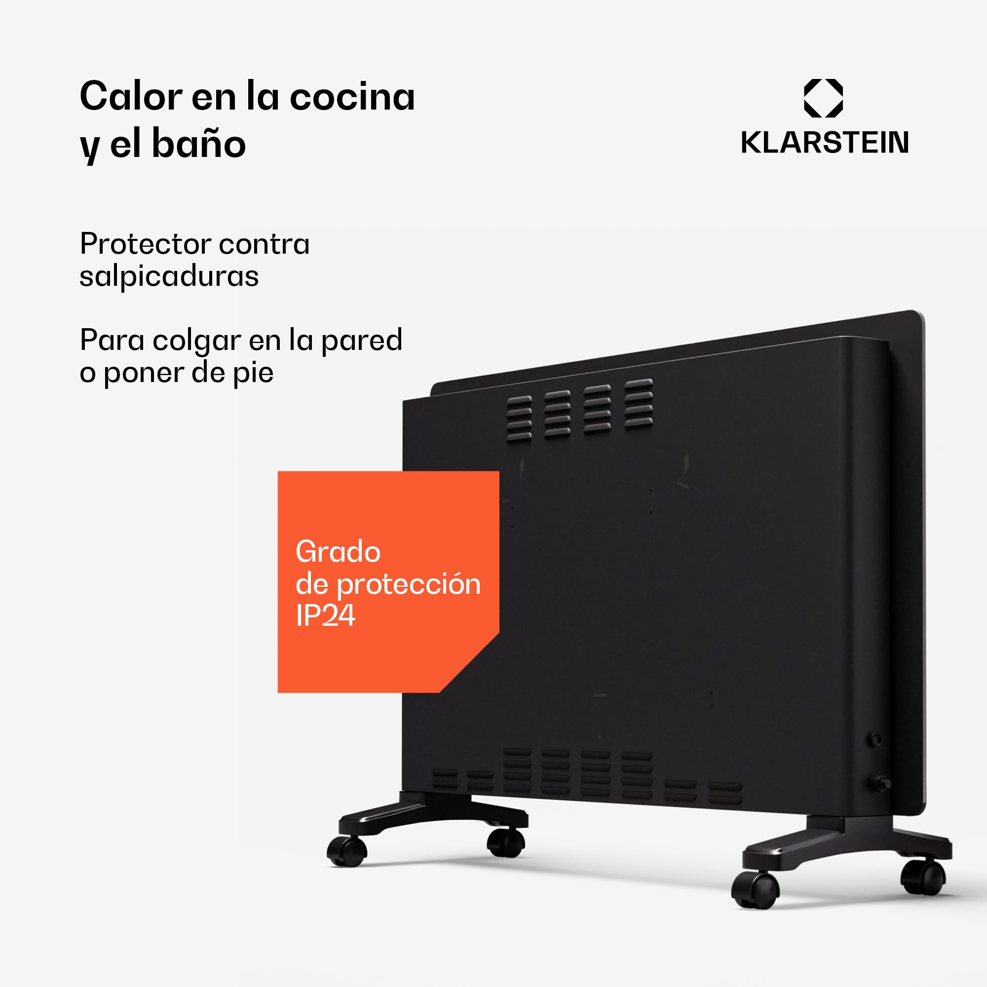Klarstein Radiador Electrico Bajo Consumo, Estufa Pared 2500W con Ruedas, Radiadores Bajo Consumo Electricos para Pared o dejar de Pie, Fácil de Transportar, Calefacción Eléctrica